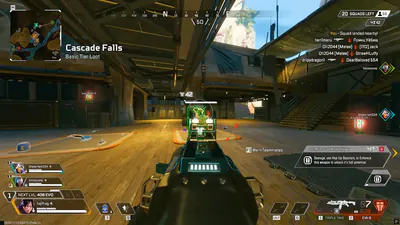Apex Legends aimbot combat view with scoped ESP box lock on an enemy player