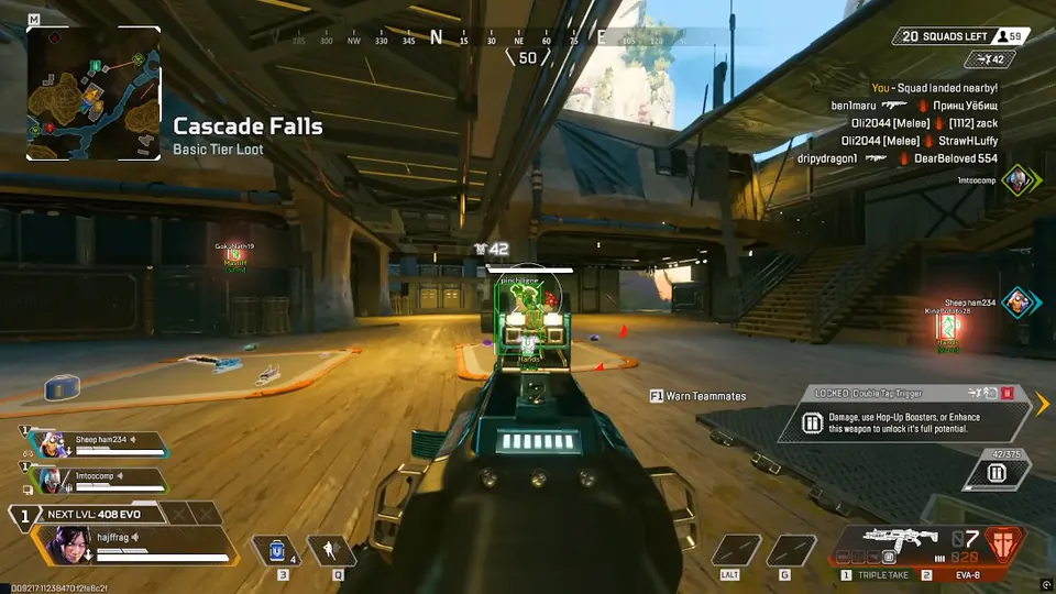 Apex Legends aimbot combat view with scoped ESP box lock on an enemy player